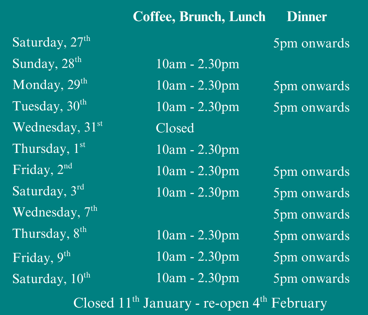 Festive Season Hours